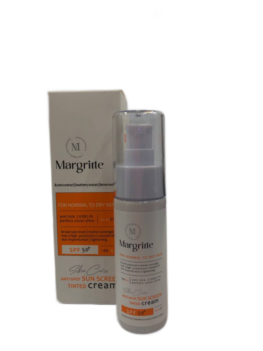 کرم ضد آفتاب روشن کننده بژ روشن مارگریت SPF 50+  مناسب پوست های نرمال تا خشک حجم 50 میلی‌لیتر